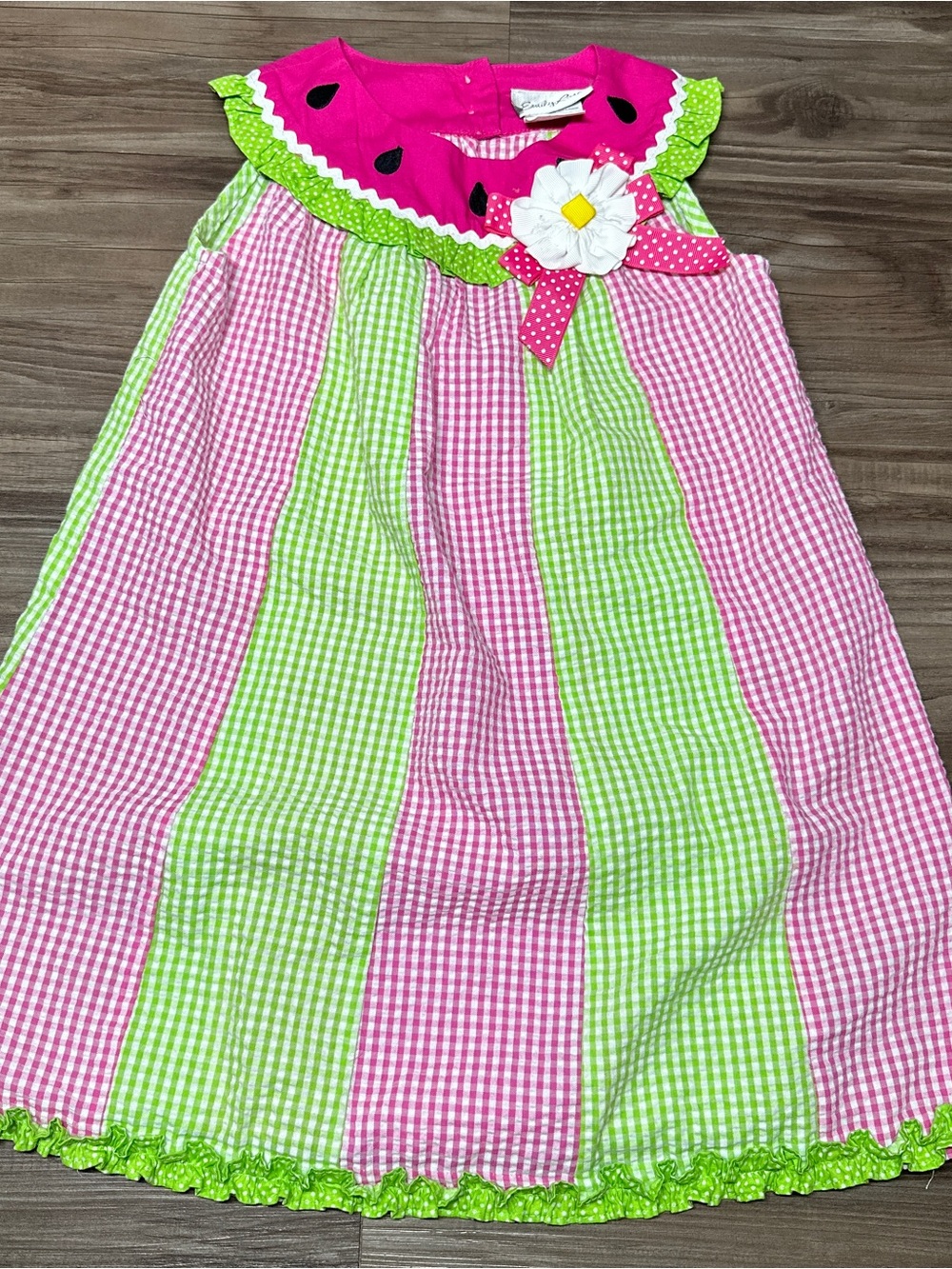 Emily Rose Hot Pink and Lime Gingham Watermelon Girl Sz 5 White Flower Dress